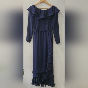 Vintage Elegant Navy Blue Women's Dress - Low Back - Ruffled - Small